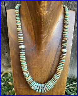 Sterling Silver Graduated Green Turquoise Bead Necklace. 18 inch