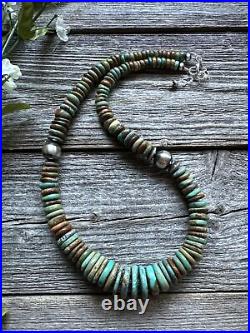 Sterling Silver Graduated Green Turquoise Bead Necklace. 18 inch