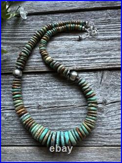 Sterling Silver Graduated Green Turquoise Bead Necklace. 18 inch