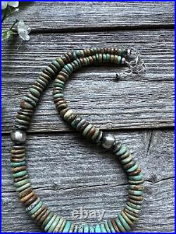 Sterling Silver Graduated Green Turquoise Bead Necklace. 18 inch