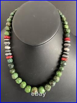 Sterling Silver Green Turquoise Bead Necklace 18 Inch