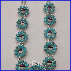 Sterling Silver Handmade Inlay Southwest Style Sun Face Squash Blossom Necklace