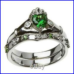 Sterling Silver Ladies Green & White CZ Claddagh Wedding Ring Set