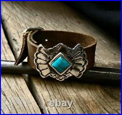 Sterling Silver Leather & Natural Turquoise Concho Cuff Bracelet Beautiful