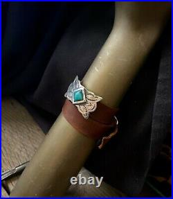 Sterling Silver Leather & Natural Turquoise Cuff Concho Bracelet New Style