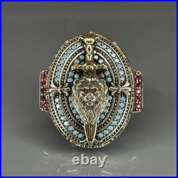 Sterling Silver Lion Head Ring Ruby Eyes, Turquoise, Gothic Sword Jewelry Sterling Silver Lion Head Ring Ruby Eyes, Turquoise, Gothic Sword Jewelry