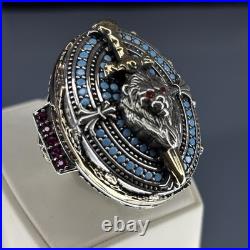 Sterling Silver Lion Head Ring Ruby Eyes, Turquoise, Gothic Sword Jewelry Sterling Silver Lion Head Ring Ruby Eyes, Turquoise, Gothic Sword Jewelry