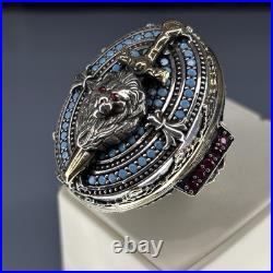 Sterling Silver Lion Head Ring Ruby Eyes, Turquoise, Gothic Sword Jewelry Sterling Silver Lion Head Ring Ruby Eyes, Turquoise, Gothic Sword Jewelry