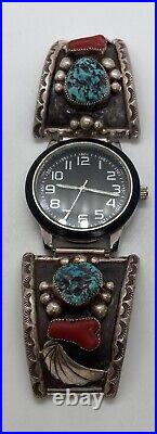 Sterling Silver Mens Navajo Massive Watch Tips Coral Turquoise Working Watch