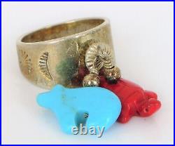 Sterling Silver Native American Fetish Ring Turquoise Bear Coral Turtle Cha Cha