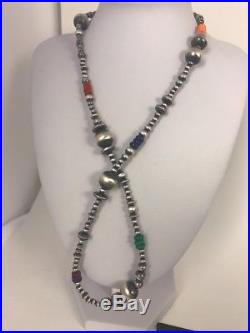 Sterling Silver Native American Navajo Pearls Turquoise Coral Necklace 24