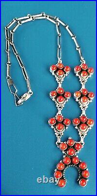Sterling Silver Native American Red Coral PetitePt SQUASH BLOSSOM Necklace 45G T