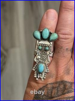 Sterling Silver Native American Southwest Turquoise Kachina Cluster Adj Ring 925 Sterling Silver Native American Southwest Turquoise Kachina Cluster Adj Ring 925