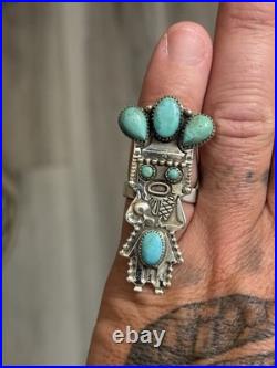 Sterling Silver Native American Southwest Turquoise Kachina Cluster Adj Ring 925 Sterling Silver Native American Southwest Turquoise Kachina Cluster Adj Ring 925