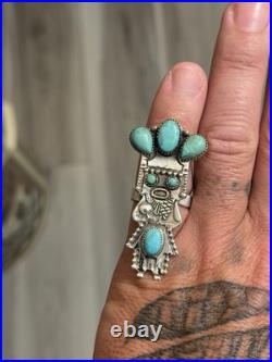 Sterling Silver Native American Southwest Turquoise Kachina Cluster Adj Ring 925 Sterling Silver Native American Southwest Turquoise Kachina Cluster Adj Ring 925