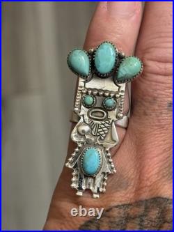 Sterling Silver Native American Southwest Turquoise Kachina Cluster Adj Ring 925 Sterling Silver Native American Southwest Turquoise Kachina Cluster Adj Ring 925
