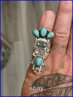 Sterling Silver Native American Southwest Turquoise Kachina Cluster Adj Ring 925 Sterling Silver Native American Southwest Turquoise Kachina Cluster Adj Ring 925