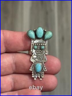 Sterling Silver Native American Southwest Turquoise Kachina Cluster Adj Ring 925 Sterling Silver Native American Southwest Turquoise Kachina Cluster Adj Ring 925