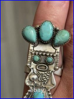 Sterling Silver Native American Southwest Turquoise Kachina Cluster Adj Ring 925 Sterling Silver Native American Southwest Turquoise Kachina Cluster Adj Ring 925