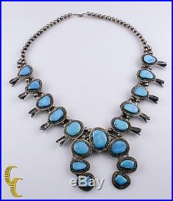 Sterling Silver Native American Squash Blossom Necklace Turquoise Stones