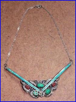 Sterling Silver Native American Turquoise & Coral Squash Blossom Necklace 09WE