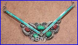 Sterling Silver Native American Turquoise & Coral Squash Blossom Necklace 09WE
