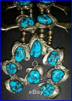 Sterling Silver Native American Turquoise Squash Blossom Necklace Leaf Filagree