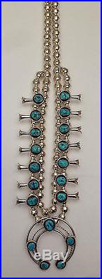Sterling Silver Navajo Handmade Round Oval Turquoise Squash Blossom Necklace Set