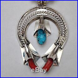 Sterling Silver Navajo Handmade Turquoise and Coral Squash Blossom Necklace Set