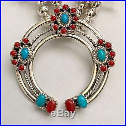Sterling Silver Navajo Natural Turquoise & Coral Squash Blossom Necklace Set