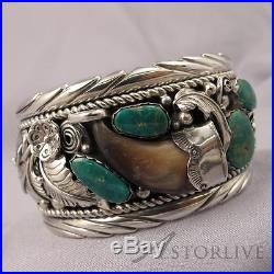 Sterling Silver P. Cohoe Native American Cuff Bracelet Turquoise Bear Claw S61