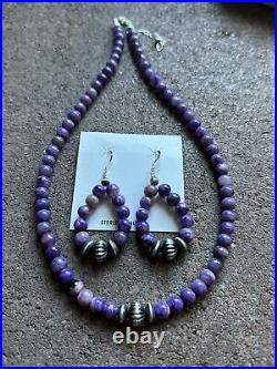 Sterling Silver Purple Charoite Bead Necklace W Earrings Set. Gift 18 Inch