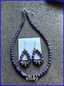 Sterling Silver Purple Charoite Bead Necklace W Earrings Set. Gift 18 Inch