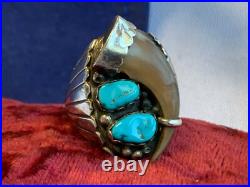 Sterling Silver Ring 16.77g Fine Jewelry Size 10.75 Turquoise Stones Drink Horn