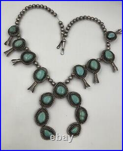 Sterling Silver Signed Sa Native American Turquoise Squash Blossom Naja Necklace