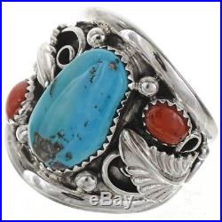Sterling Silver Sleeping Beauty Turquoise Coral Men's Ring Navajo Large Size