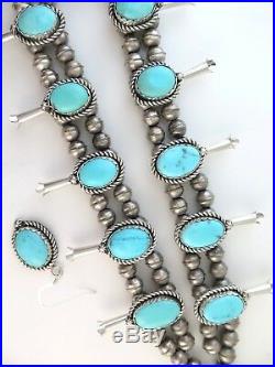 Sterling Silver & Sonora Turquoise Squash Blossom Necklace & Earrings Set