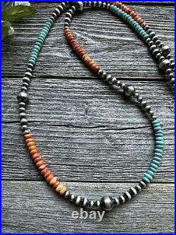 Sterling Silver Spiny Oyster Turquoise W Pearls Bead Necklace. 30 inch