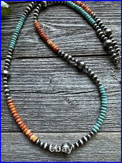 Sterling Silver Spiny Oyster Turquoise W Pearls Bead Necklace. 30 inch