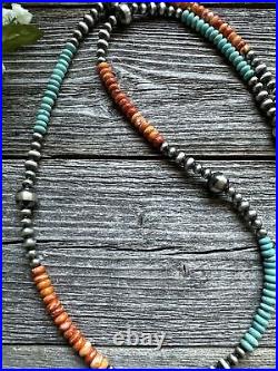 Sterling Silver Spiny Oyster Turquoise W Pearls Bead Necklace. 30 inch