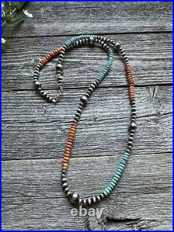 Sterling Silver Spiny Oyster Turquoise W Pearls Bead Necklace. 30 inch