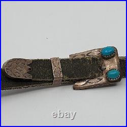 Sterling Silver TL Navajo Native American Turquoise Leather Concho Hat Band