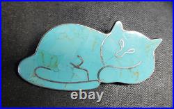 Sterling Silver Taxco Signed Turquoise Cay Cat Brooch Jewelry Valentine Gift