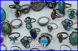 Sterling Silver Turquoise Indian Ring Lot of 30 Wearable/Scrap Size 4.5-8.5