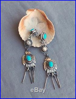 Sterling Silver Turquoise Long Drop Dangle Marcella James Thunderbird Earrings