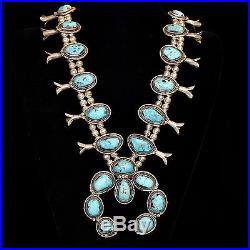 Sterling Silver & Turquoise Navajo Squash Blossom Necklace, Old Pawn/Estate