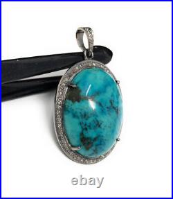 Sterling Silver Turquoise Pendant Pave Diamond Natural Gemstone Jewelry Gifts
