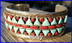 Sterling Silver Turquoise Red Coral Petite Point Cuff Bracelet 47.2 Gr Sgn 2s
