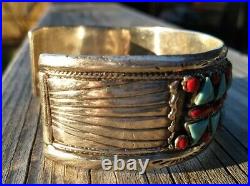 Sterling Silver Turquoise Red Coral Petite Point Cuff Bracelet 47.2 Gr Sgn 2s