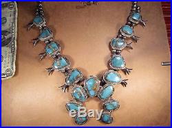 Sterling Silver & Turquoise Squash Blossom Necklace, Unsigned Old Pawn, 179.1g